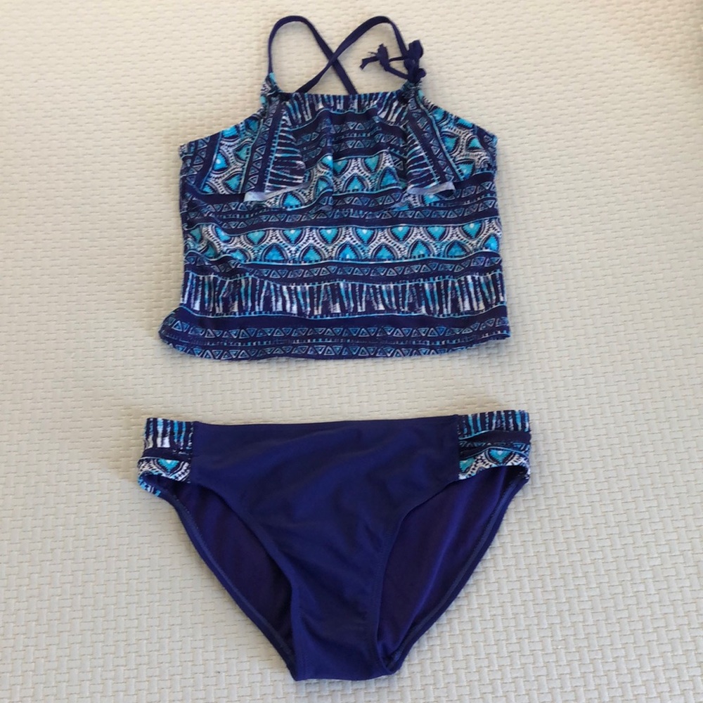 SO Brand Swimsuit Girls Size 10 1/2 Purple Blue White 2 Piece Tankini